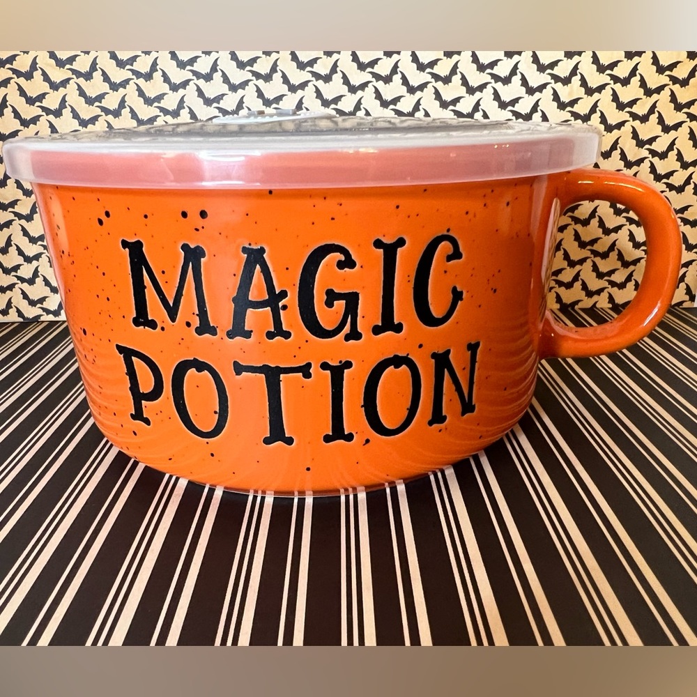 Halloween Magic Potion Orange Soup Mug with Lid Speckled Black Witch Spells